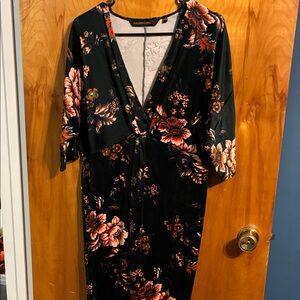 Velvety Floral Dress with Orange and Dark Green Design